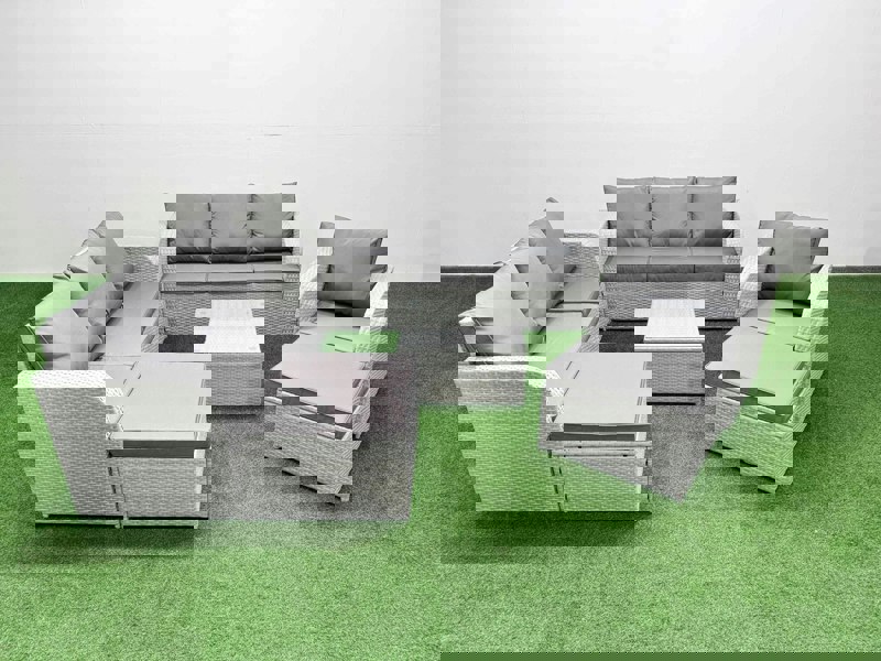 Fimous 9 Seater Rattan Outdoor Garden Furniture Square Coffee Table Sofa Set 3 Seater Sofa Reclining Chair 3 Seater Sofa 2 Big Footstools Light Grey