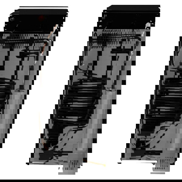 3-Way Absorption Fridge showcasing a sleek black exterior, intricate cooling coils, and a stainless steel component for efficient performance