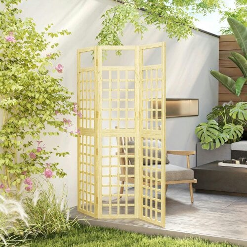Bobobiy 3-Panel Garden Privacy Screen, Freestanding Foldable Wooden Outdoor Divider/Trellis, 120 x 170 cm, Natural Wood Finish