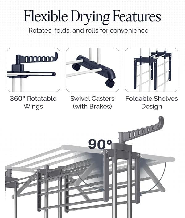ADOV Airer Clothes Drying Rack, 4-Tier Foldable Stainless Steel Clothes Airer with Wheels and Side Wings