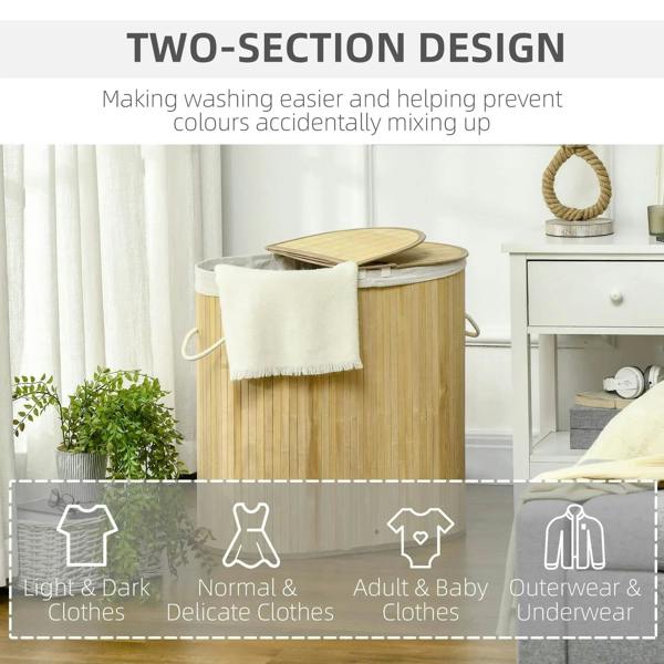 Two-section natural bamboo laundry hamper with lid and side rope handles