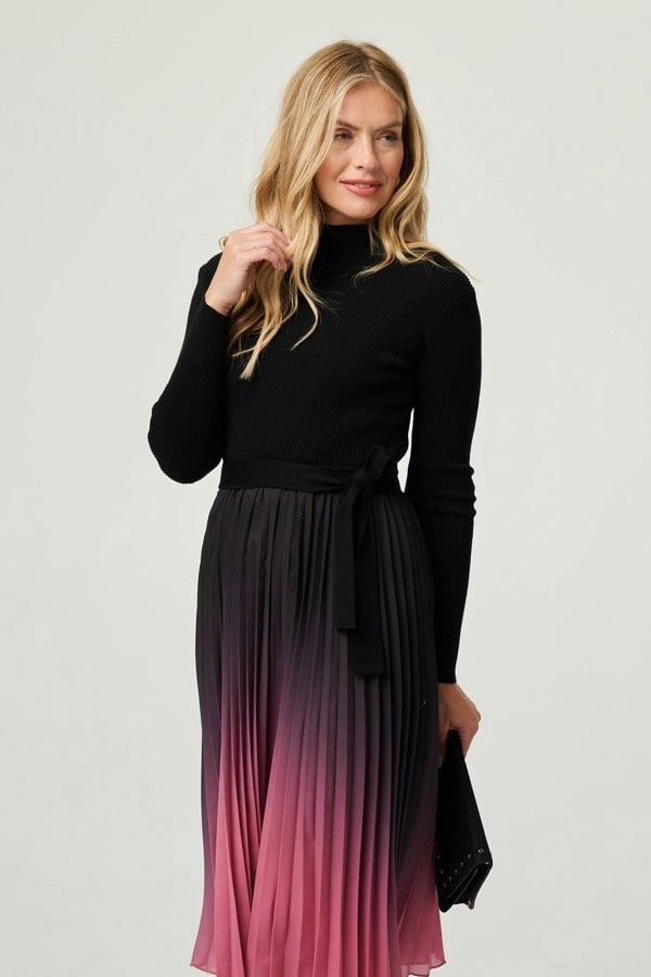 Black | Ombre Tie Waist Pleated Knit Midi Dress
