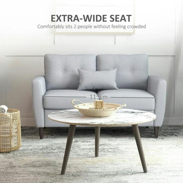 Light grey fabric two-seater sofa with high back, tufted arms, and square seat cushions