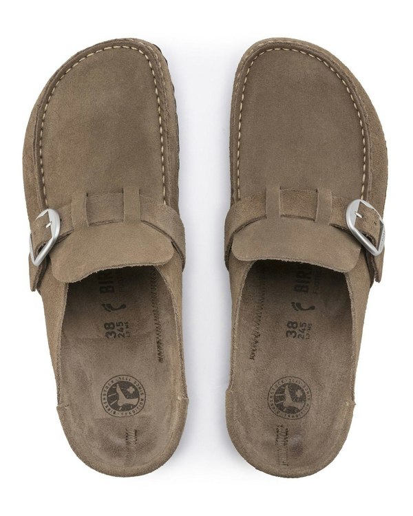 Birkenstock Buckley Suede Leather Womens Mule Moccasins - Grey Taupe - CHO - Designer Womens Shoes