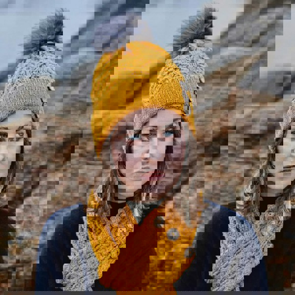 Aran Diamond Cable Button Hat Fisherman Stitch Pom Pom Hat | Chunky Rib Knit with Faux Fur Pom Pom