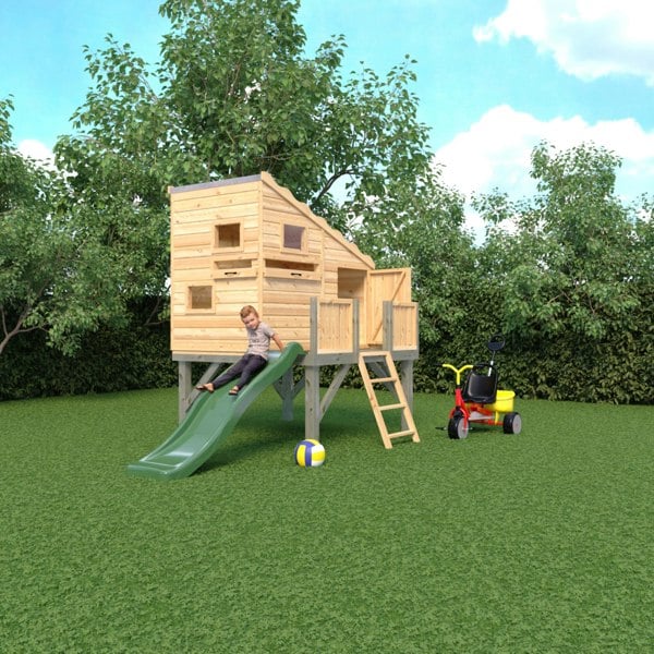 Shire Command post on platform with Slide 6x4 Childrens Playhouse with 12mm Shiplap interlocking cladding