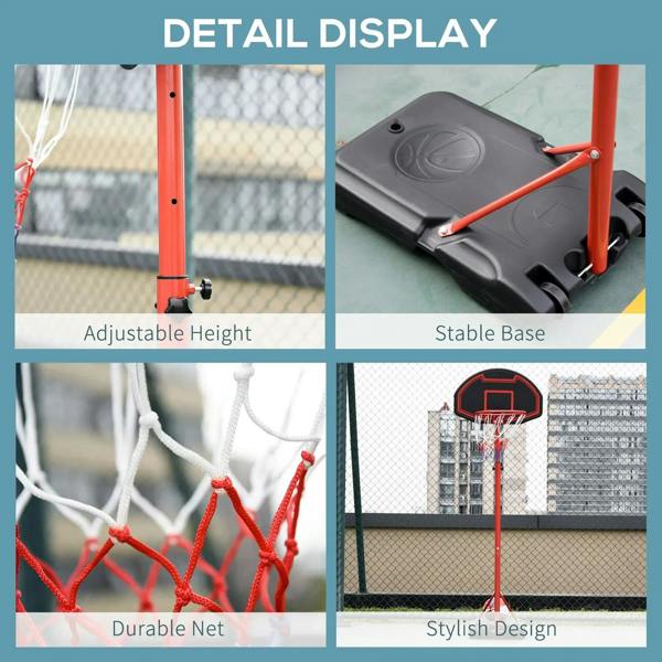 Basketball hoop net and stable base on red stand with adjustable pole