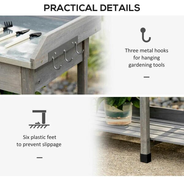 Garden Potting Table with Storage, Workbench, Metal Top, Storage Shelves & Hooks for Patio, Courtyard, Wooden