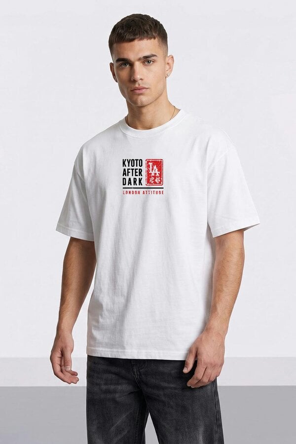London Attitude Kyoto After Dark Oversized Heavyweight Japanese Graphic T-Shirt in White