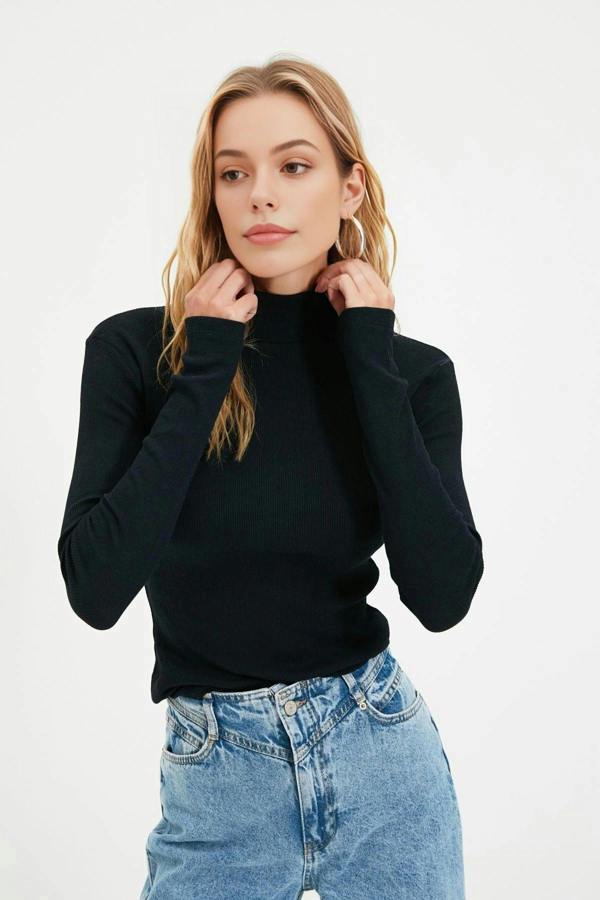WOVCOR Fitted Stand Collar Long Sleeve Ribbed Knit Blouse