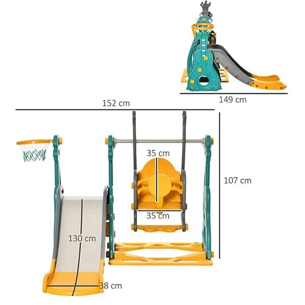 HOMCOM 3 in 1 Kids Swing and Slide Set Activity Centre with Basketball Hoop - 331-015