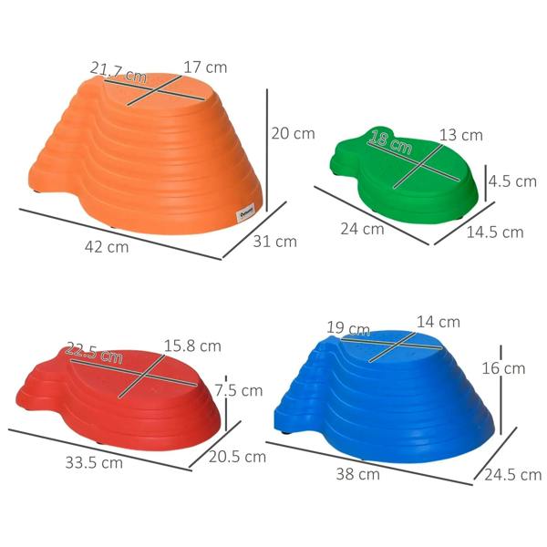Orange, green, red and blue stepping stones with rounded ridges and printed size measures