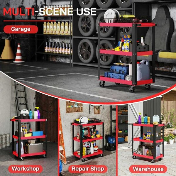 Bobobiy Tool Utility Cart Heavy Duty Tool Trolley Rolling with Brake Swivel Castors 3 Shelves Black Red