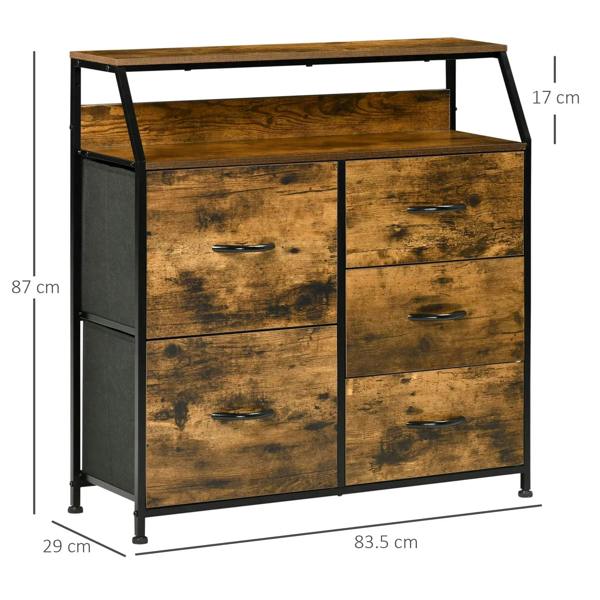 Industrial chest of drawers, rustic brown top with open shelf and five drawers, black metal legs