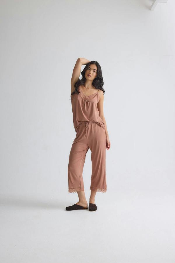 Pretty You London Bamboo Lace Cami Cropped Trouser Pyjama Set in Mocha