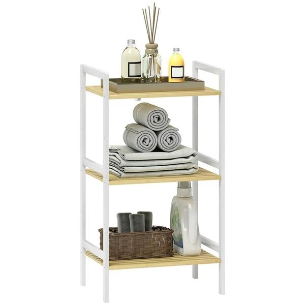 Three-tier bamboo shelf storage unit with white frame and light wood tiers