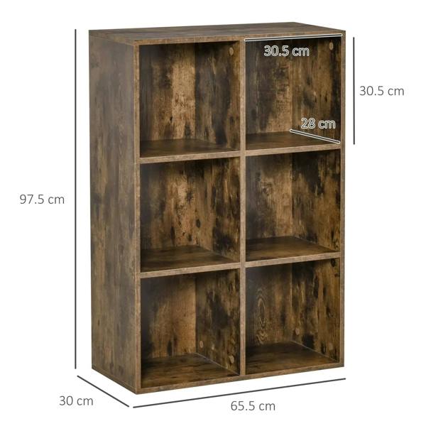 Rustic brown 6-cube bookcase with measurements shown on the front