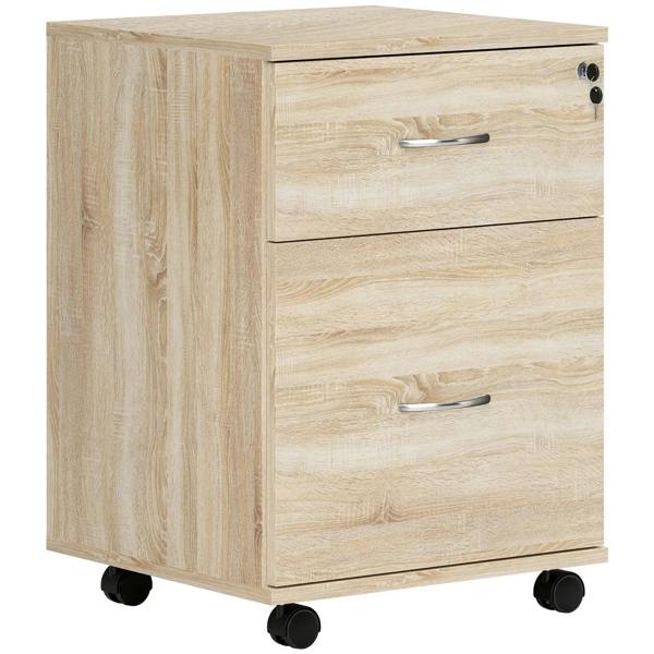 Oak-effect lockable filing cabinet with two drawers, metal handles, and caster wheels