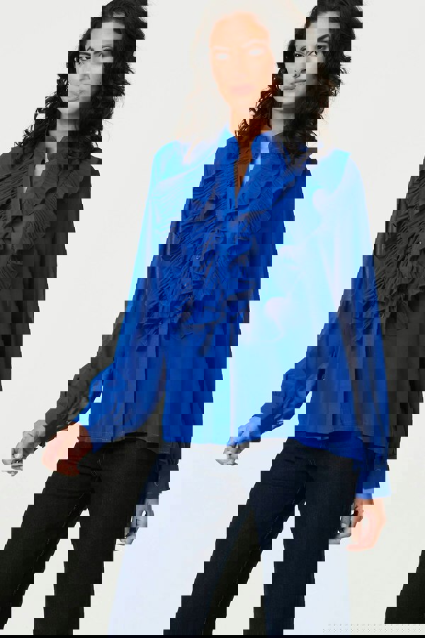 Blue | Ruffled Long Sleeve Semi Sheer Blouse
