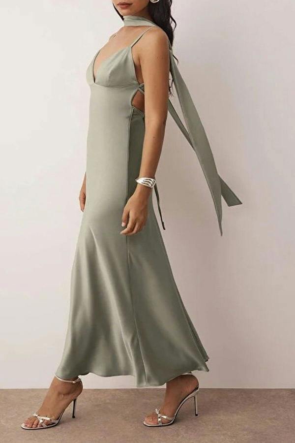 WOVCOR Scarf Detail Satin Maxi Dress with Strappy Design