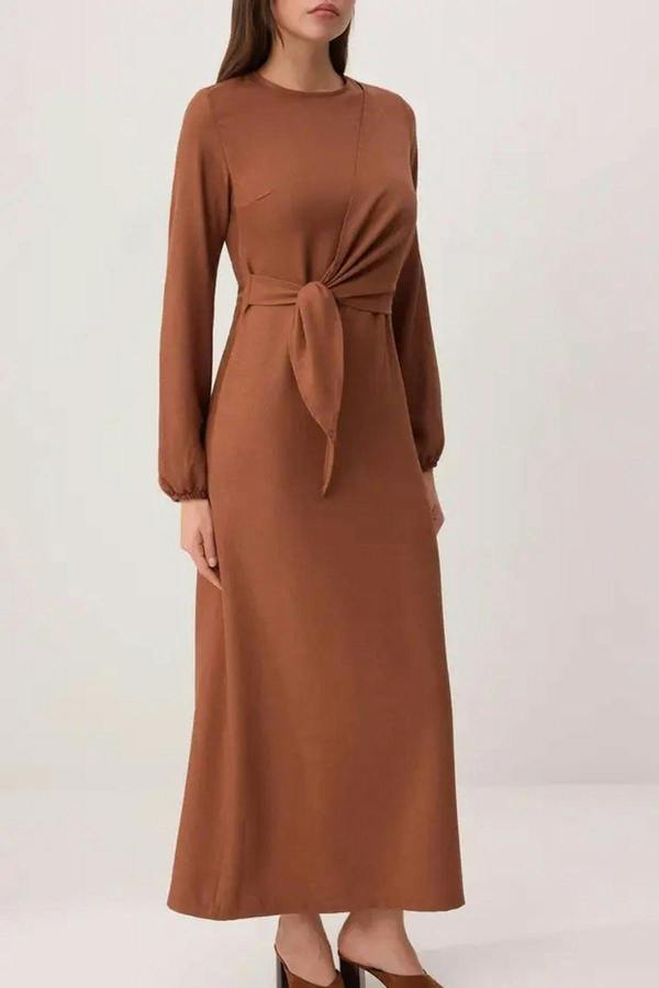 WOVCOR Tie Waist Long Sleeve Maxi Dress