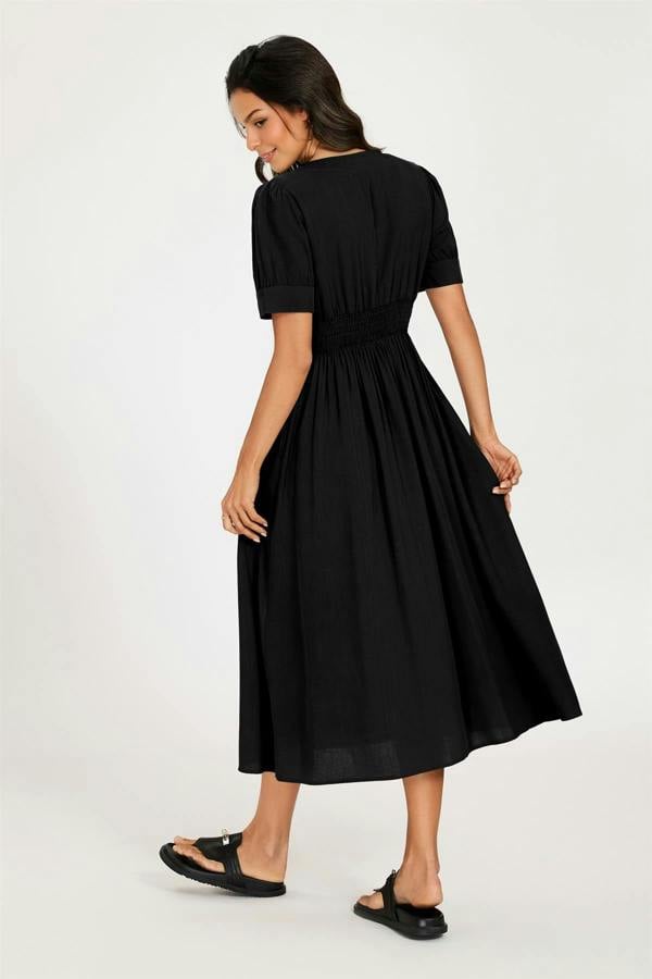 FS Collection Button Front Short Sleeve Midi Dress In Black