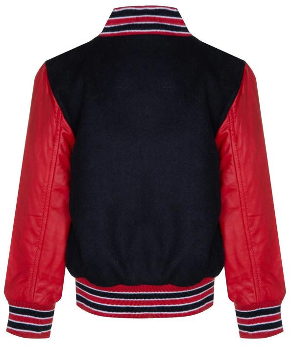 Infinity Leather Kids Varsity Black & Red Bomber Jacket with Real Leather Sleeves 3-13 yrs
