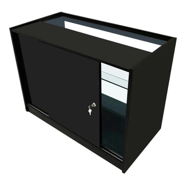 Theia LED Shop Counter Set in sleek black features a sliding door, glass shelves, and a modern design ideal for retail displays