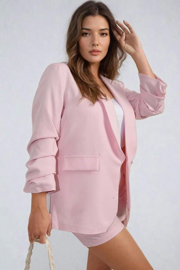 Valerie Ruched Sleeve Open Front Blazer Jacket With Front Pockets - Pink