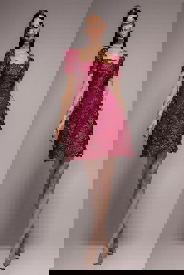 Scallop Edge Corset Back Structured Lace Mini Dress - Burgundy DR4966