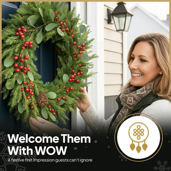 90cm Artificial Cedar Christmas Wreath with Red Berries and Pinecones, Green Seasonal Door Decor image 4