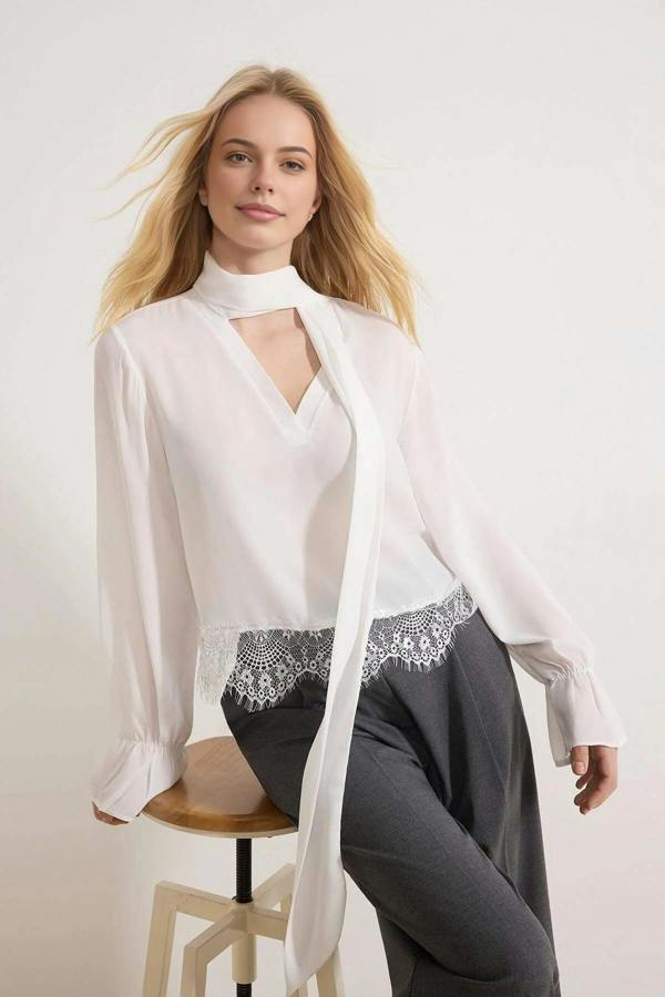 WOVCOR Scarf Neck Lace Detail Long Sleeve Woven Blouse
