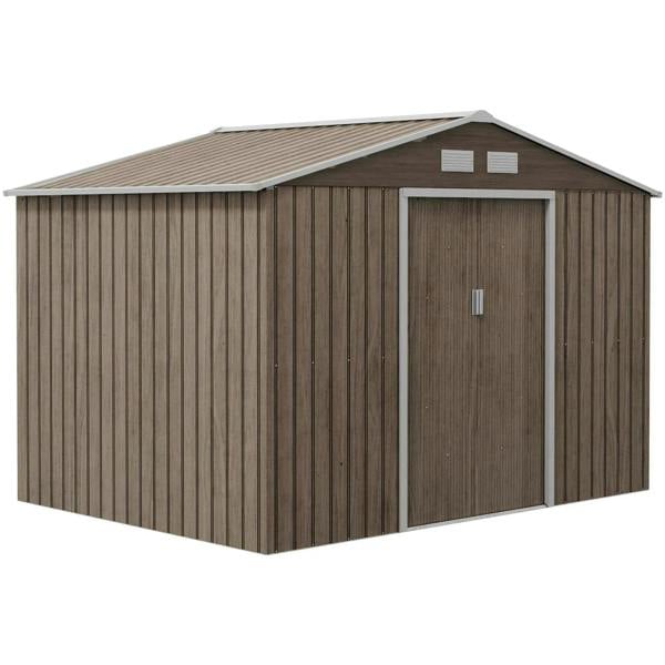 Light brown metal garden storage shed with double doors and gable roof