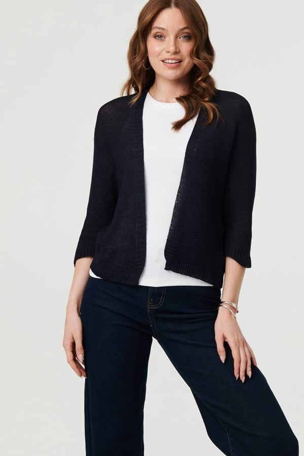 Navy | Mesh Cropped 3/4 Sleeve Open Cardigan