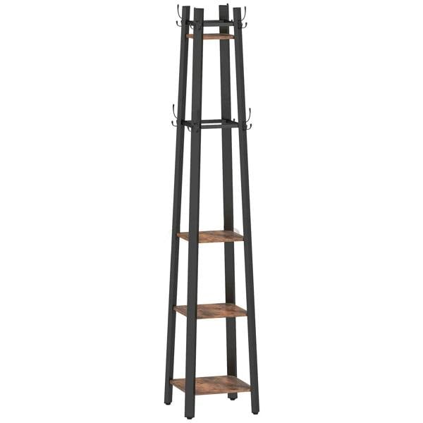Industrial coat stand with four-tier wood shelves, brown and black metal frame, hooks