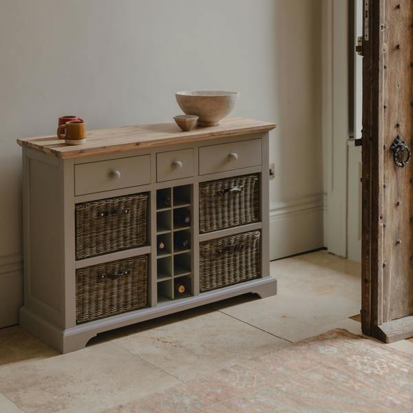 Statement Furniture Florence Wooden Sideboard with Wine Rack, 3 Drawers and Storage Baskets