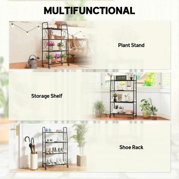 Bobobiy 4-Tier Metal Plant Stand, Heavy Duty Ladder Shelf Potted Plants Display Rack with Lockable Wheels