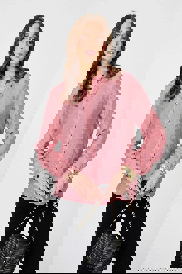 Pink | Long Sleeve Button Front Shirt  : Model is 5'9"/175 cm and wears UK8/EU36/US4/AUS8