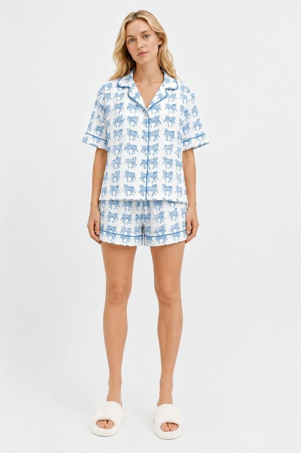 Delicate woodblock horse print short sleeve, short trousers cotton pyjamas in soft blues