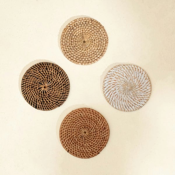 Round rattan coaster four colours lifestyle handwoven wicker table