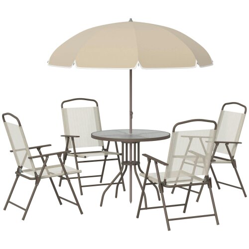 Wyld Haus Jattare 4 Seater Metal and Mesh Cream Garden Dining Set With Parasol Folding Chairs And Glass Table