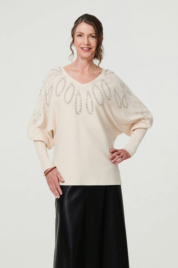 Cream | Embellished Batwing Sleeve Jumper
