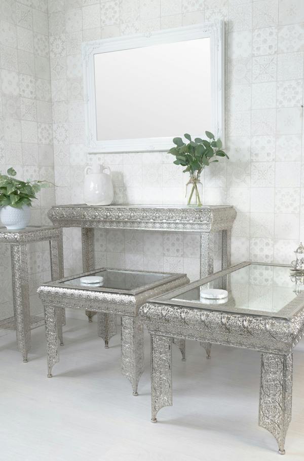 Downton Interiors Silver Embossed Metal Mirrored Glass Console Table - Agadir Range