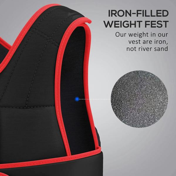 Black weighted vest with red trim, close-up of padded shoulder and side panel