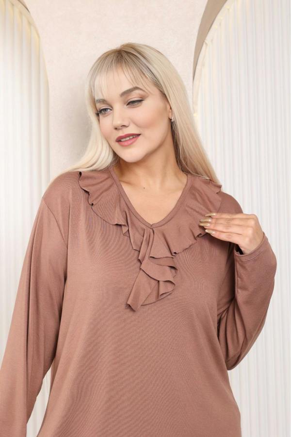 Hoxton Gal Relaxed Fit Long Sleeve Elegant Blouse with Ruffle Neckline