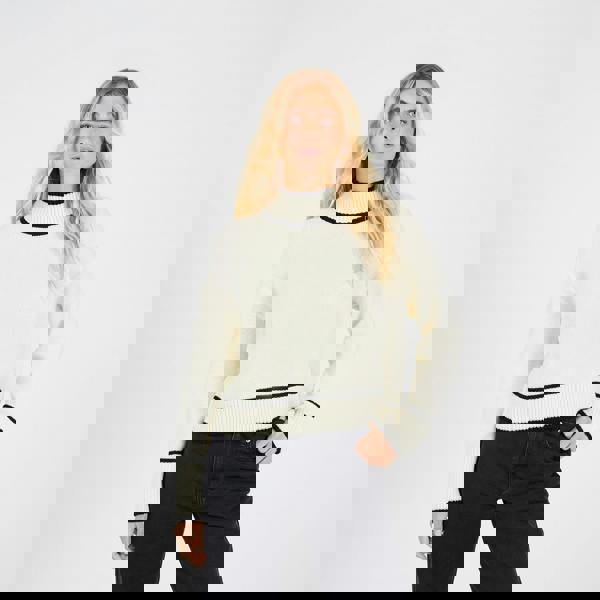 Brave Soul Cream Turtleneck Knitted Jumper with Contrast Trim - Cream Image 1