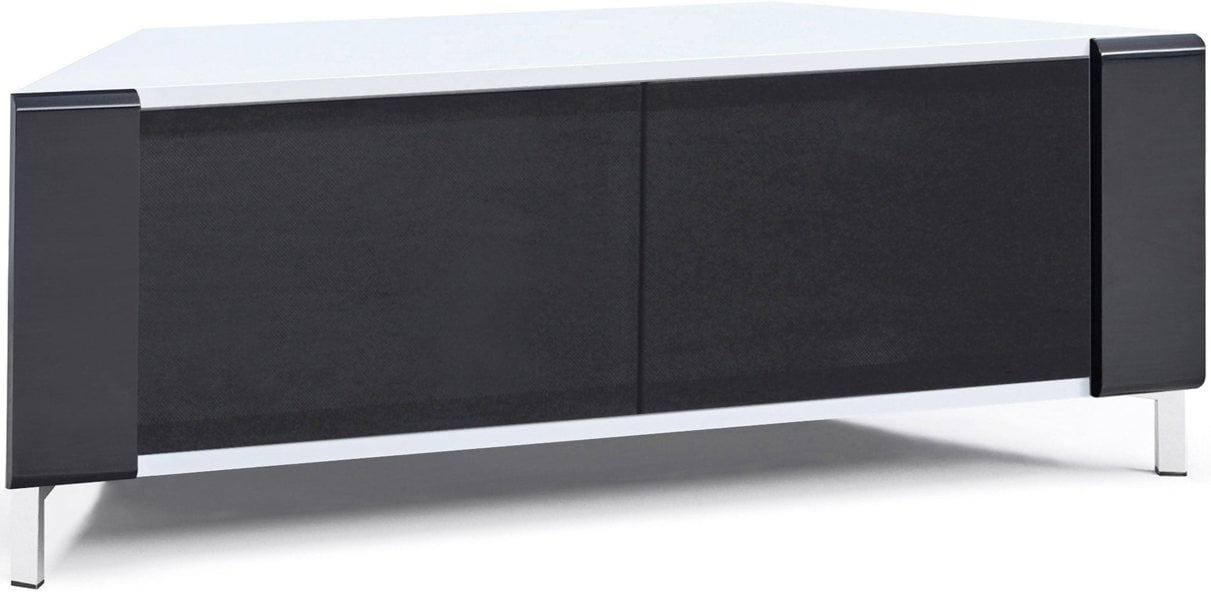MDA Designs CORVUS Corner-Friendly Gloss White Contemporary Cabinet with Black Profiles Black BeamThru Glass Doors for Flat Screen TVs up to 50"