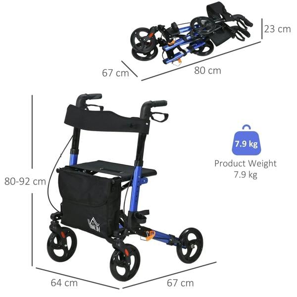 Folded blue rollator walker with black padded seat, backrest, and storage pouch