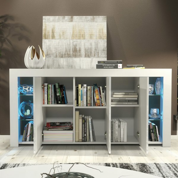 Mex Furniture Exclusive 164cm High Gloss White Sideboard TV Cabinet & Free LED Lights Modern Design