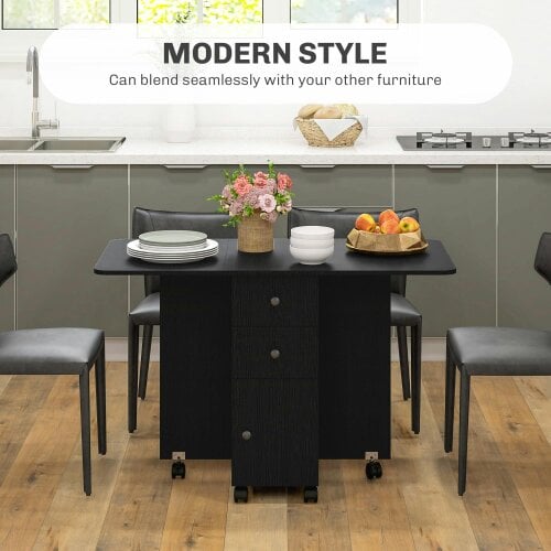Wyld Haus Midile Wooden Distressed Black Drop Leaf Dining Table With Storage Seating 6
